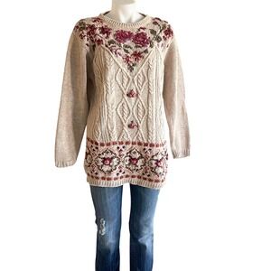 Chrysantheme Hand Knitted Floral Cable Knit Sweater Cream Pink Ramie Cotton S